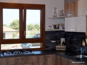 Blick aus der Küche in den Hof und in den Weinberg