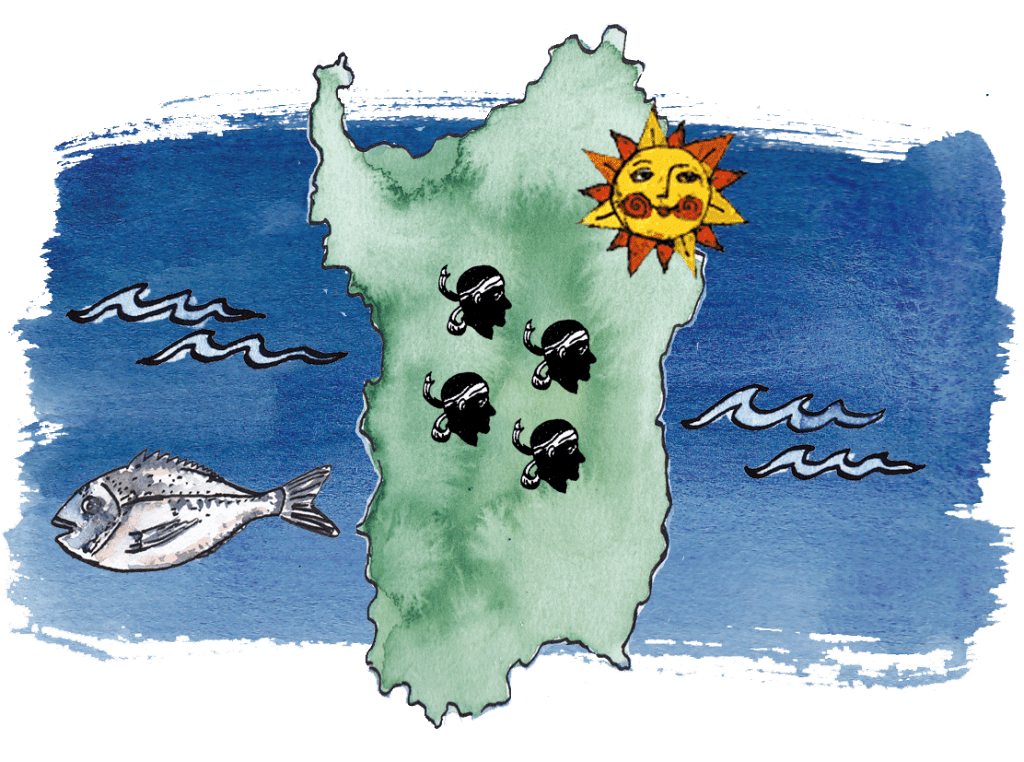 Sardinienkarte osolemio Illustrierte Karte von Sardinien mit den Ferienhäusern von o-solemio